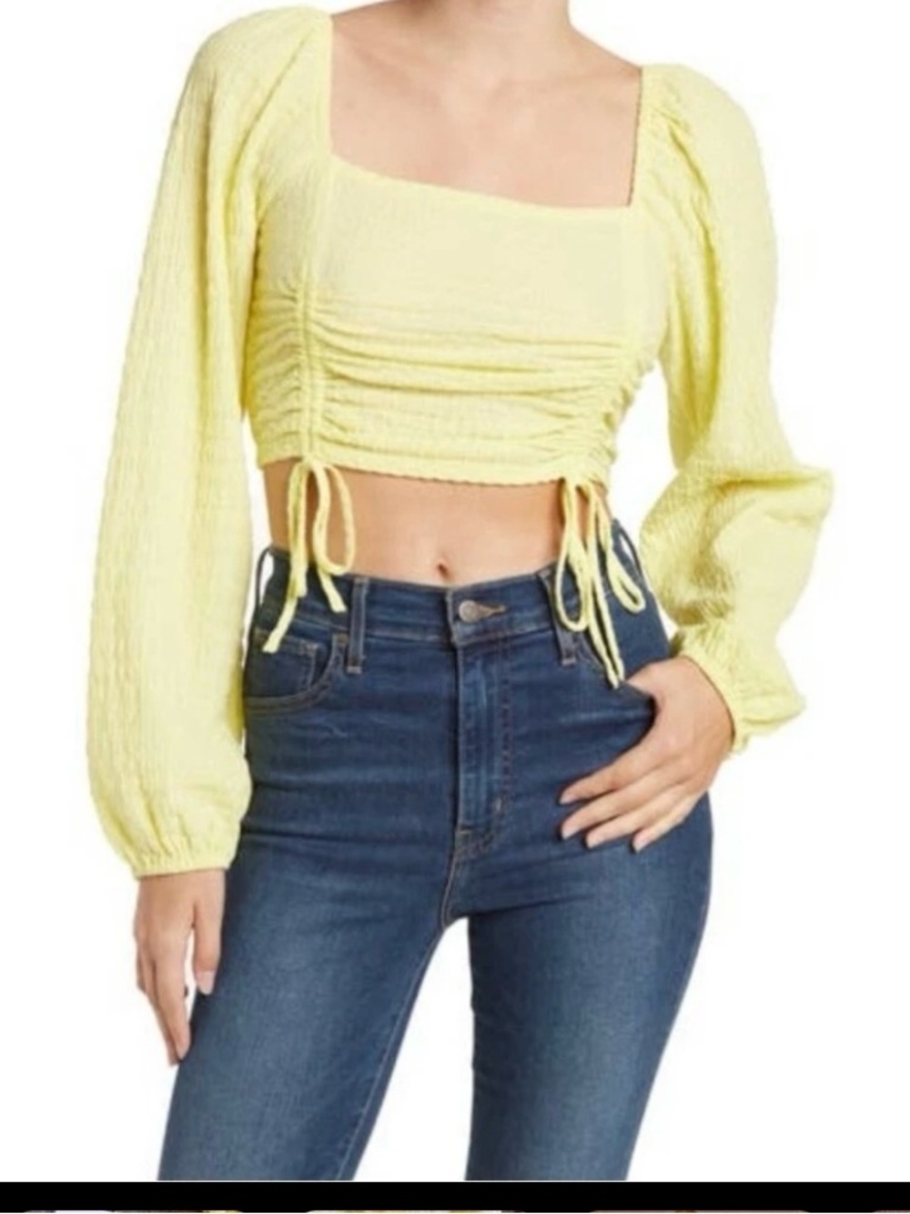 Sophie Rue Pale Yellow Smocked Square-Neck Crop Top